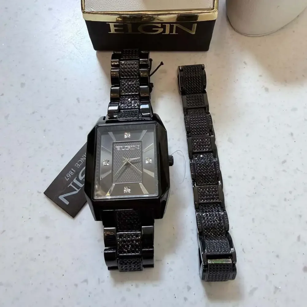 Elgin Men's Luxury Watch and Bracelet Set in Black with Pave Design